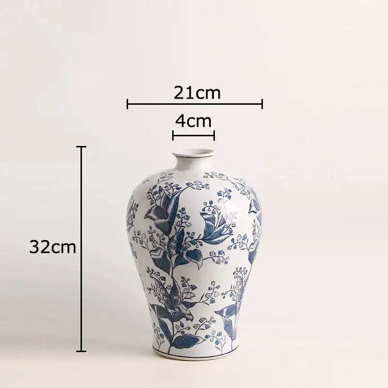 Blue & white porcelain vase living room floral bird decor