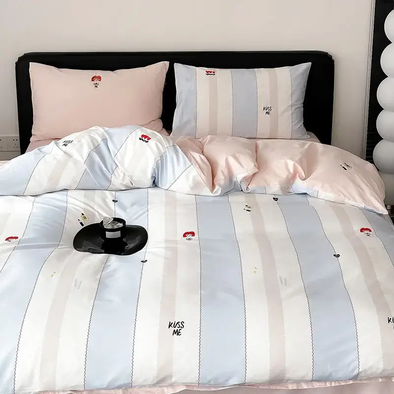 Blue & white striped embroidered kiss me duvet cover set bedroom