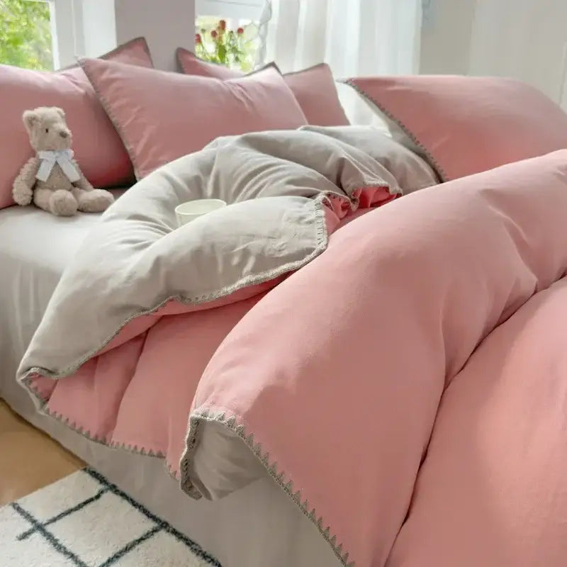 Blush pink & gray cotton bedding set bedroom zigzag stitch cover