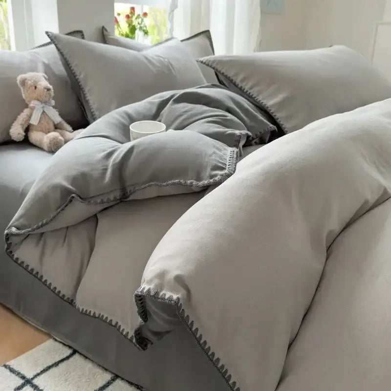Blush pink & gray cotton bedding set bedroom zigzag stitch cover