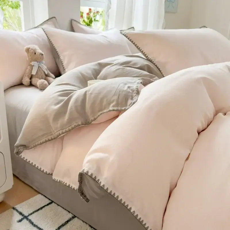 Blush pink & gray cotton bedding set bedroom zigzag stitch cover
