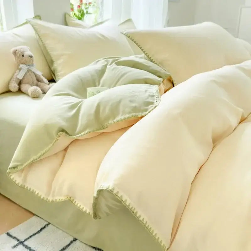 Blush pink & gray cotton bedding set bedroom zigzag stitch cover