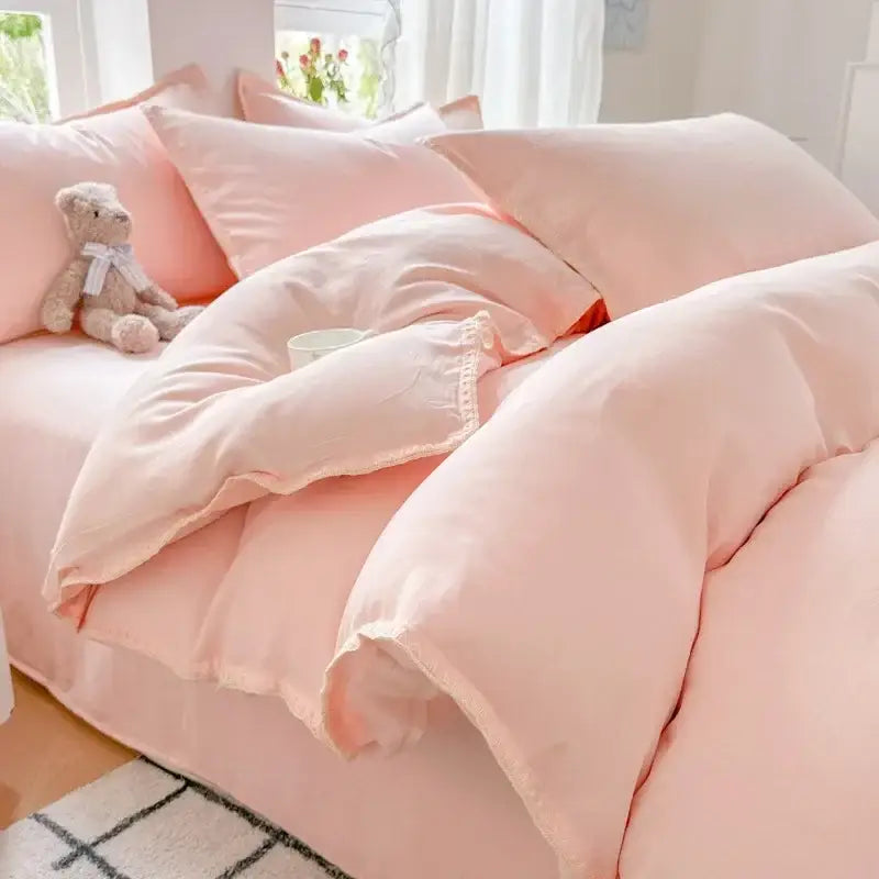 Blush pink & gray cotton bedding set bedroom zigzag stitch cover