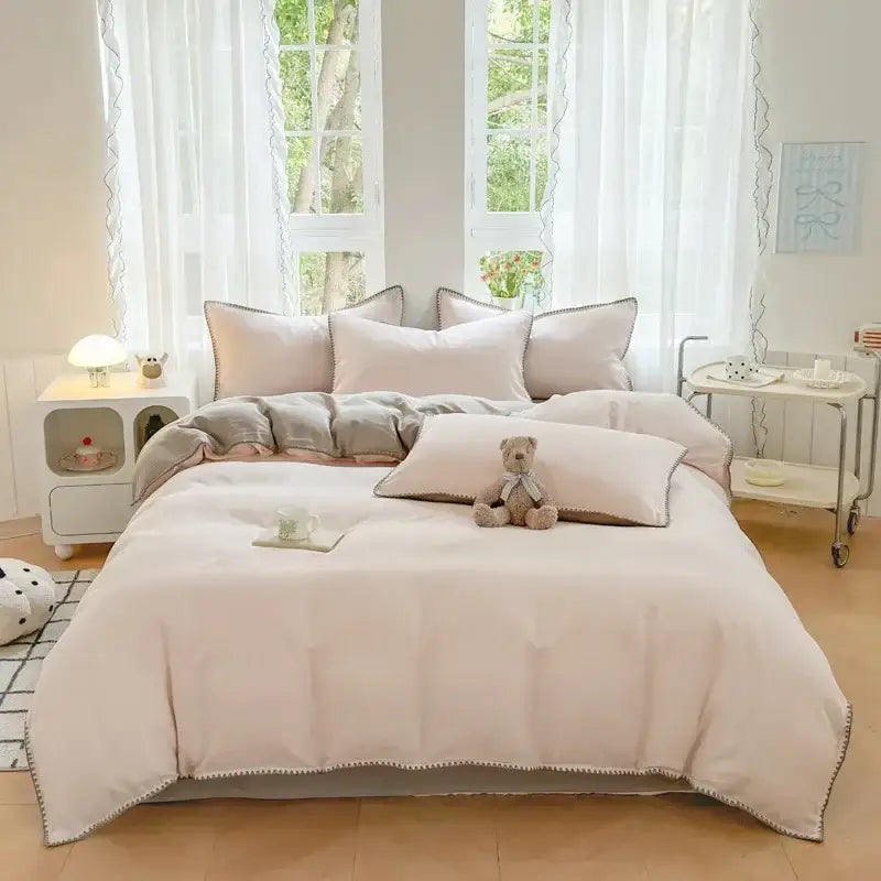Blush pink & gray cotton bedding set bedroom zigzag stitch cover