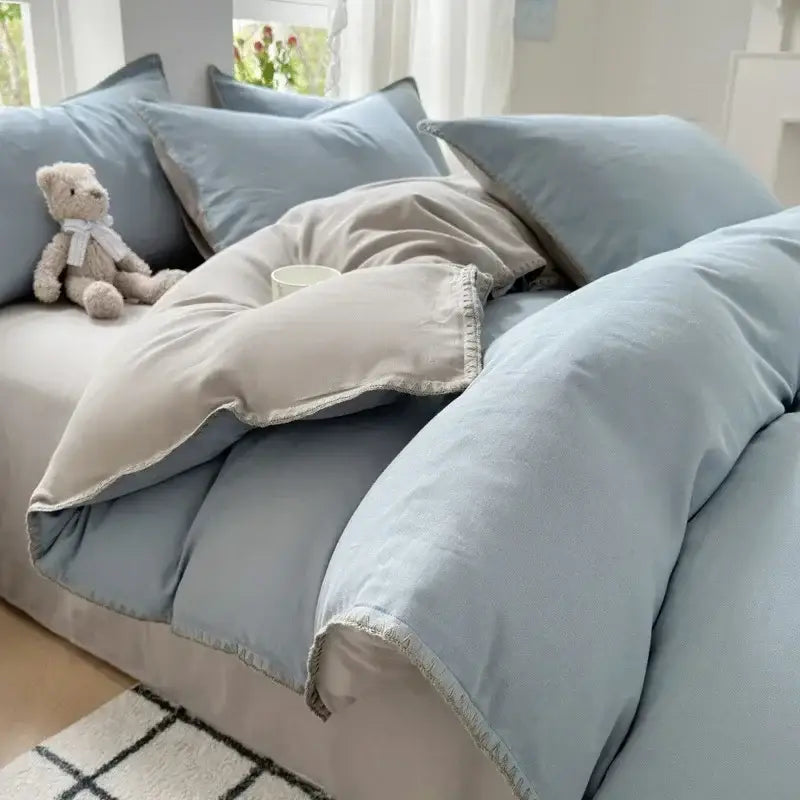 Blush pink & gray cotton bedding set bedroom zigzag stitch cover