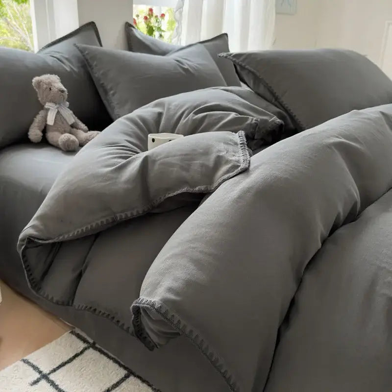 Blush pink & gray cotton edge embroidery bedding set bedroom duvet