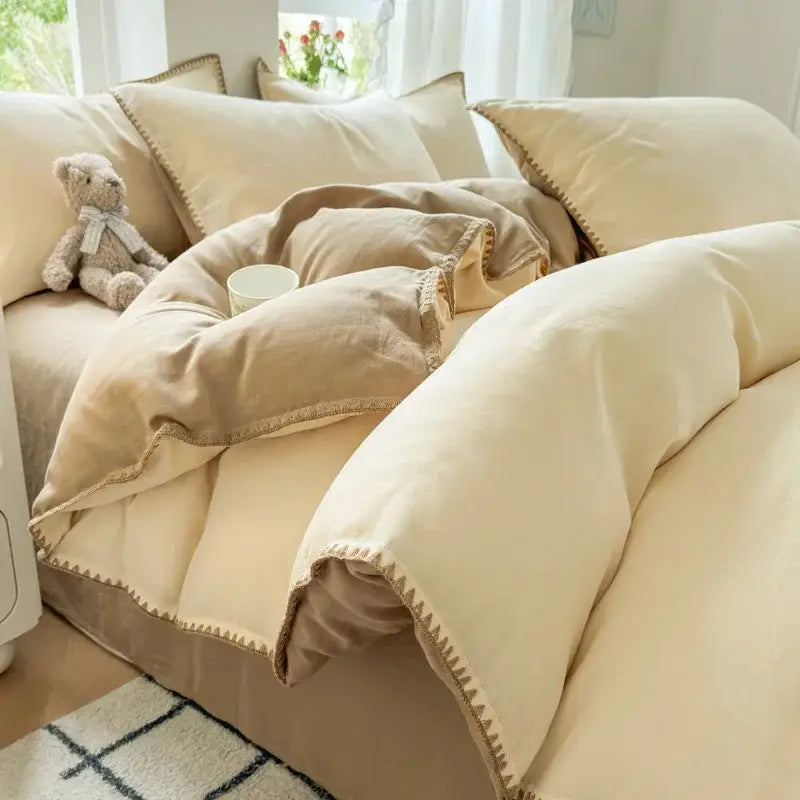 Blush pink & gray cotton edge embroidery bedding set bedroom duvet