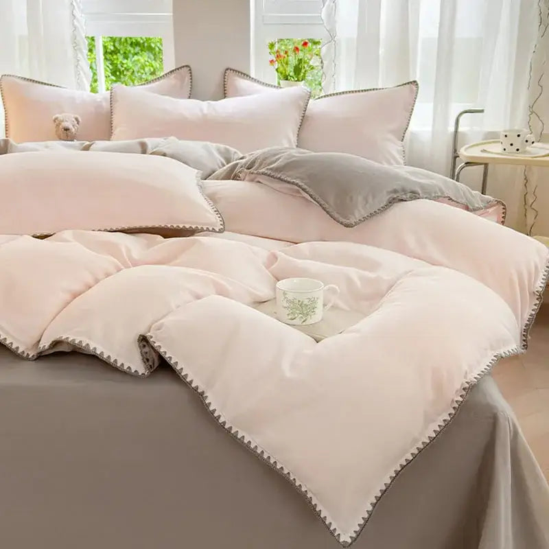 Blush pink & gray cotton edge embroidery bedding set bedroom duvet