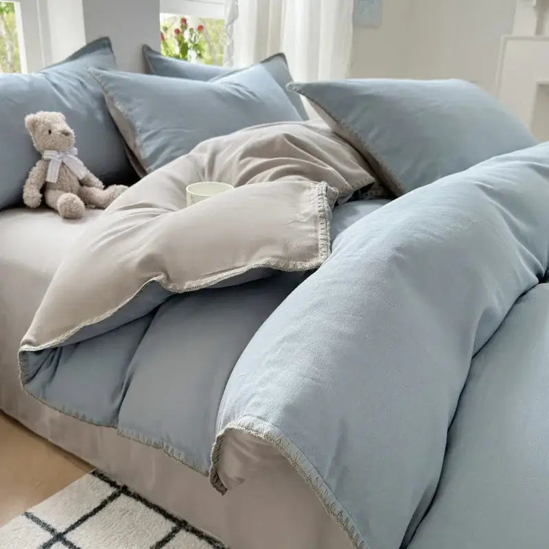 Blush pink & gray cotton edge embroidery bedding set bedroom duvet