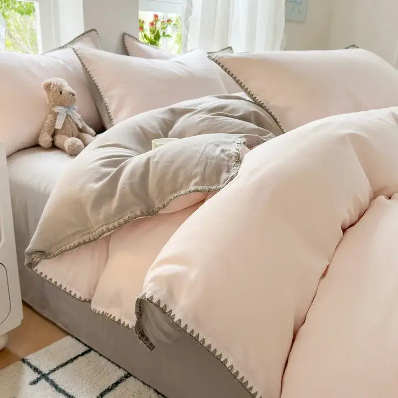 Blush pink & gray cotton edge embroidery bedding set bedroom duvet