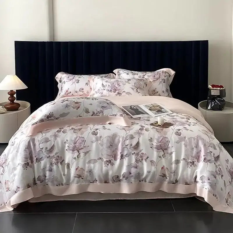 Blush rose eucalyptus fiber flowers bedding set bedroom satin soft