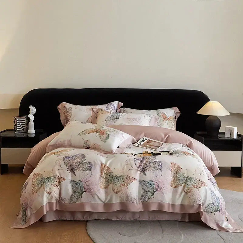 Blush rose eucalyptus fiber flowers bedding set bedroom satin soft