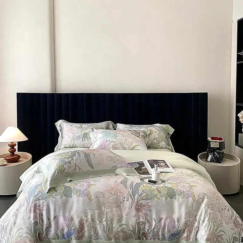 Blush rose eucalyptus fiber flowers bedding set bedroom satin soft