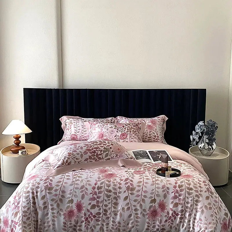 Blush rose eucalyptus fiber flowers bedding set bedroom satin soft