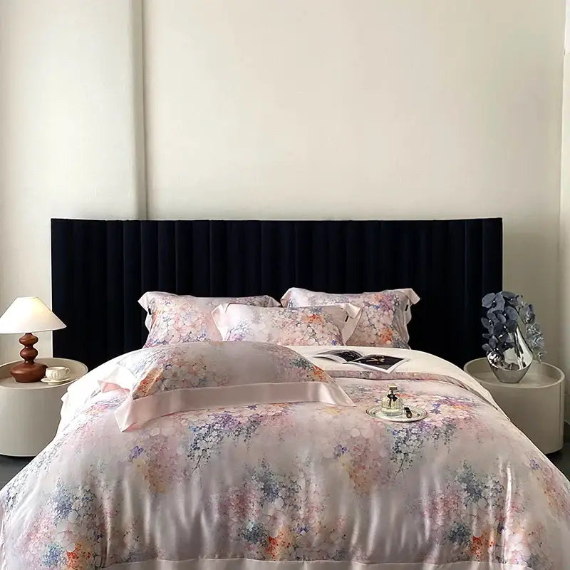 Blush rose eucalyptus fiber flowers bedding set bedroom satin soft