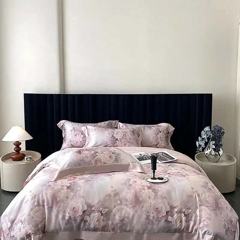 Blush rose eucalyptus fiber flowers bedding set bedroom satin soft