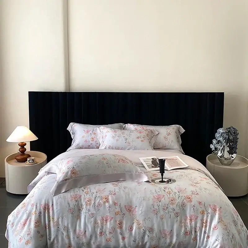 Blush rose eucalyptus fiber flowers bedding set bedroom satin soft