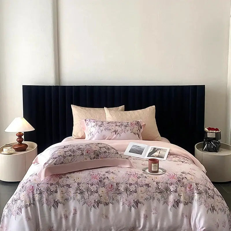 Blush rose eucalyptus fiber flowers bedding set bedroom satin soft