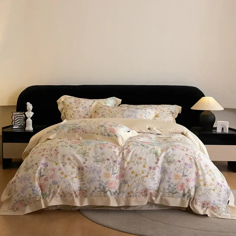 Blush rose eucalyptus fiber flowers bedding set bedroom satin soft