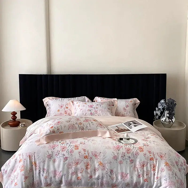 Blush rose eucalyptus fiber flowers bedding set bedroom satin soft