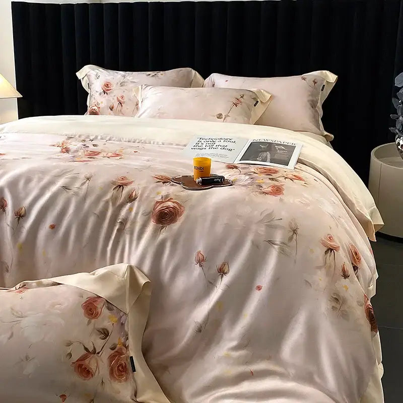 Blush rose eucalyptus fiber flowers bedding set bedroom satin soft