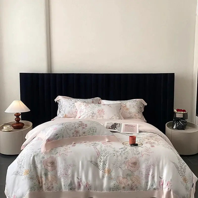 Blush rose eucalyptus fiber flowers bedding set bedroom satin soft