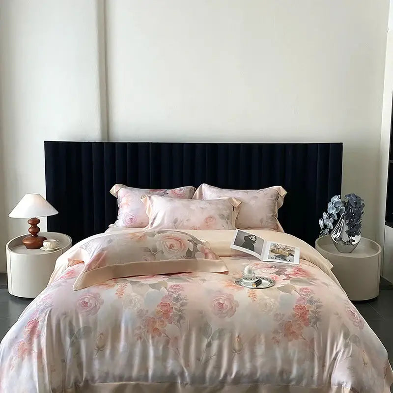 Blush rose eucalyptus fiber flowers bedding set bedroom satin soft