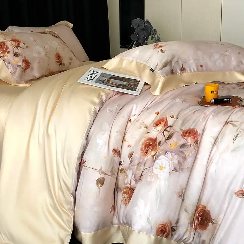 Blush rose eucalyptus fiber flowers bedding set bedroom satin soft