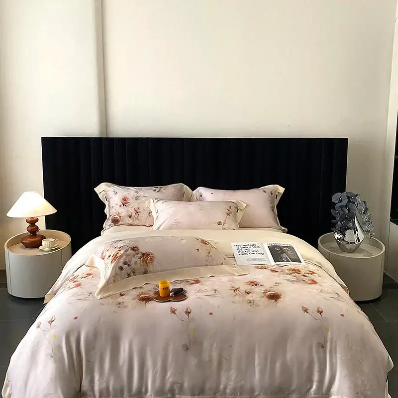 Blush rose eucalyptus fiber flowers bedding set bedroom satin soft