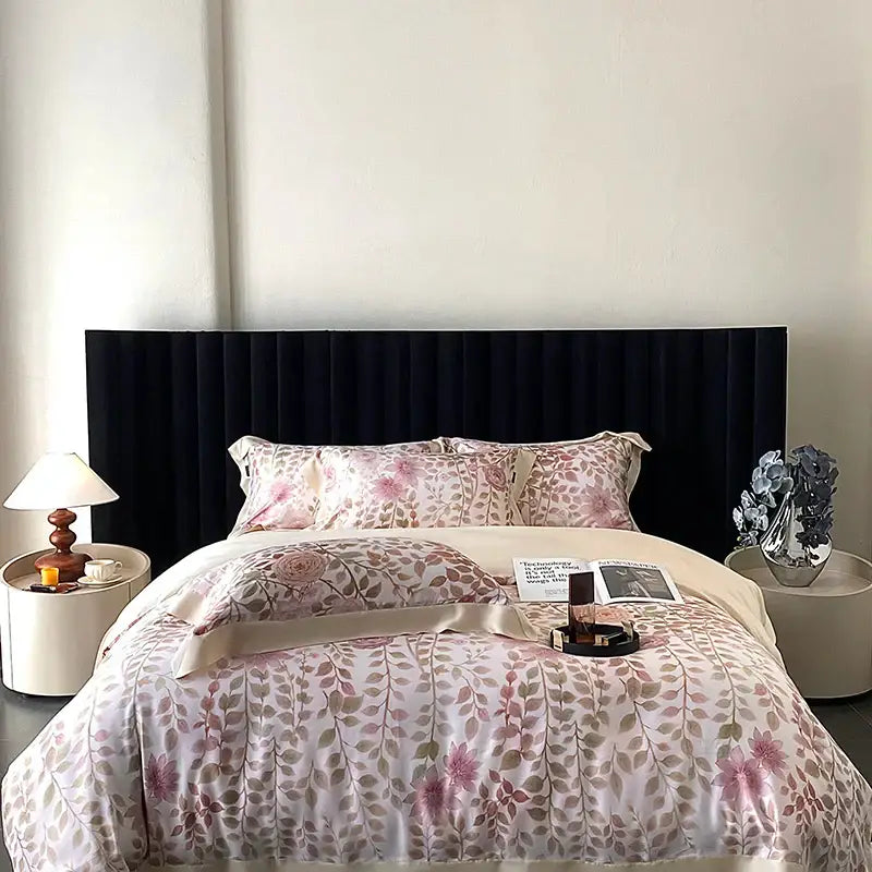 Blush rose eucalyptus fiber flowers bedding set bedroom satin soft
