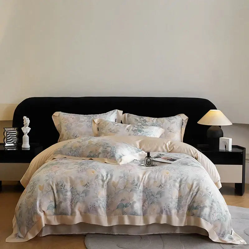 Blush rose eucalyptus fiber flowers bedding set bedroom satin soft
