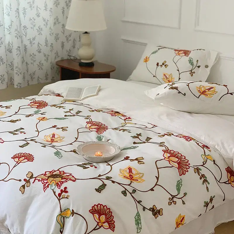 Bohemia floral embroidery white cotton duvet cover bedding set bedroom