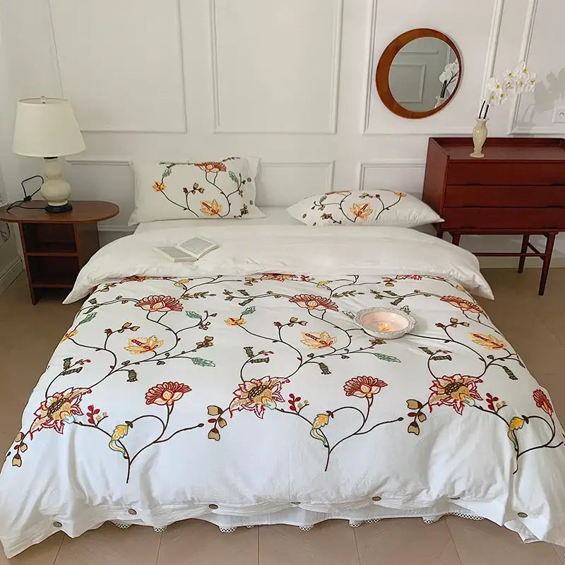 Bohemia floral embroidery white cotton duvet cover bedding set bedroom