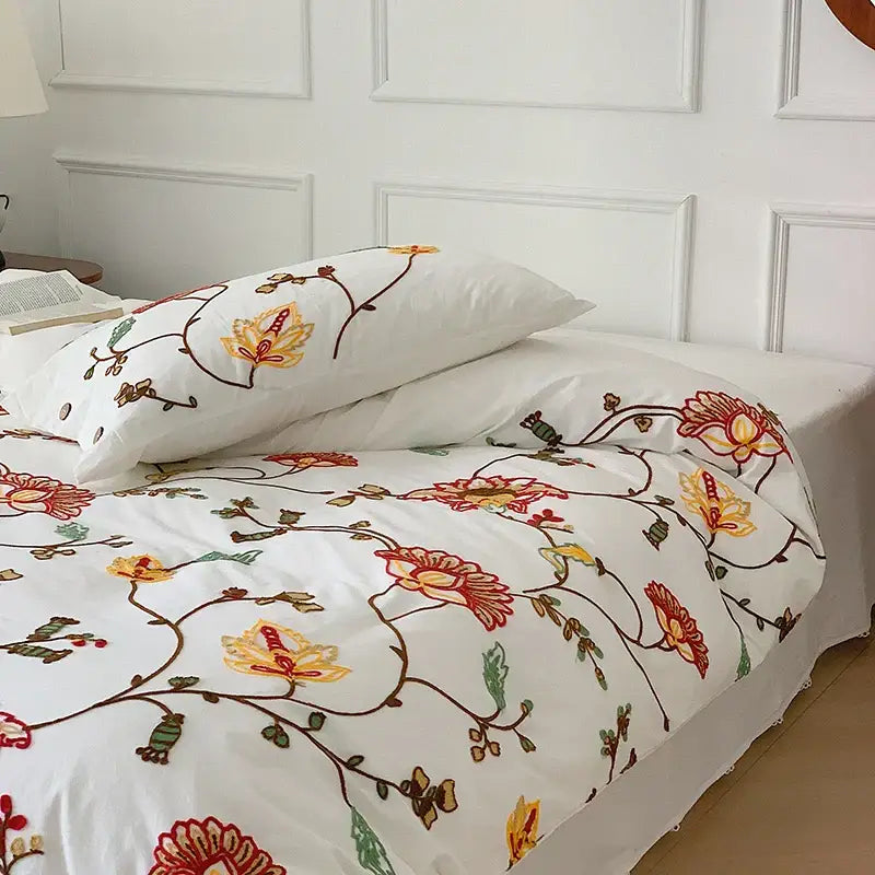 Bohemia floral embroidery white cotton duvet cover bedding set bedroom
