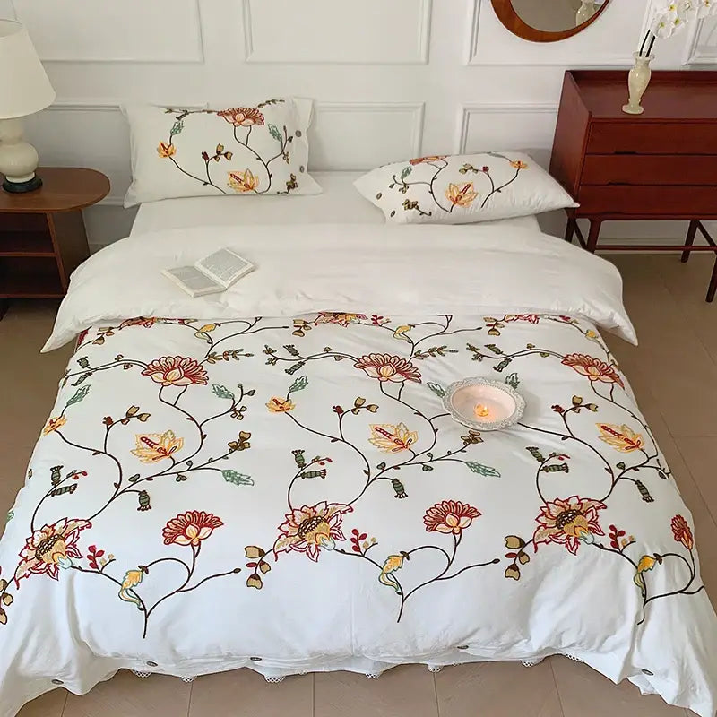 Bohemia floral embroidery white cotton duvet cover bedding set bedroom