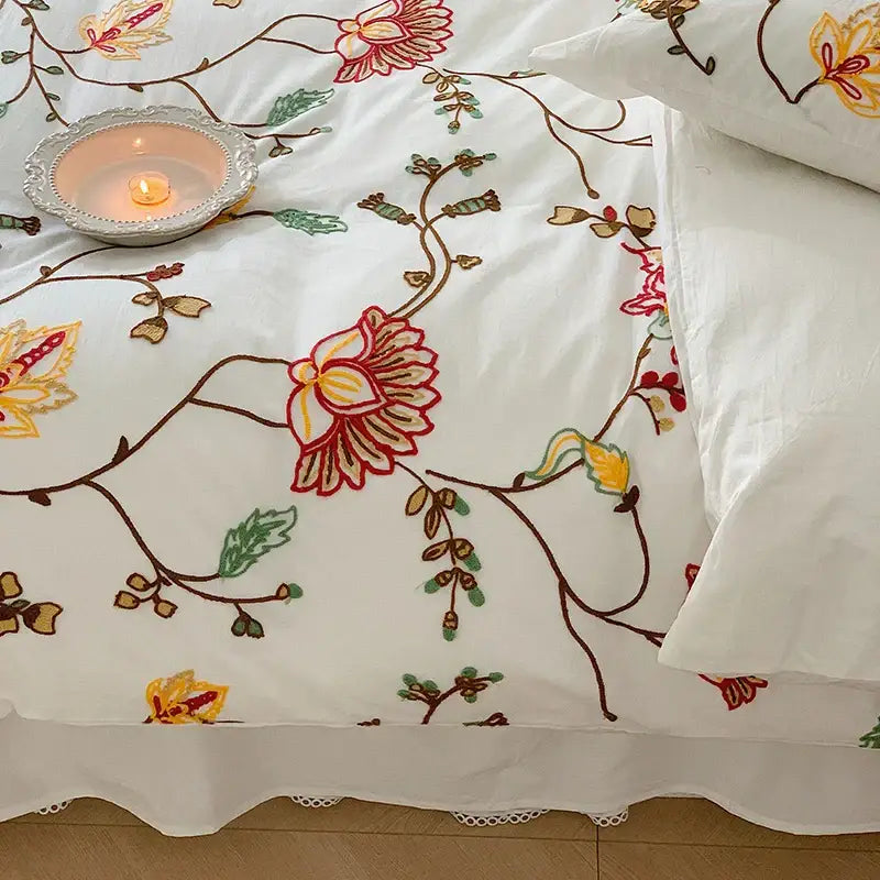 Bohemia floral embroidery white cotton duvet cover bedding set bedroom
