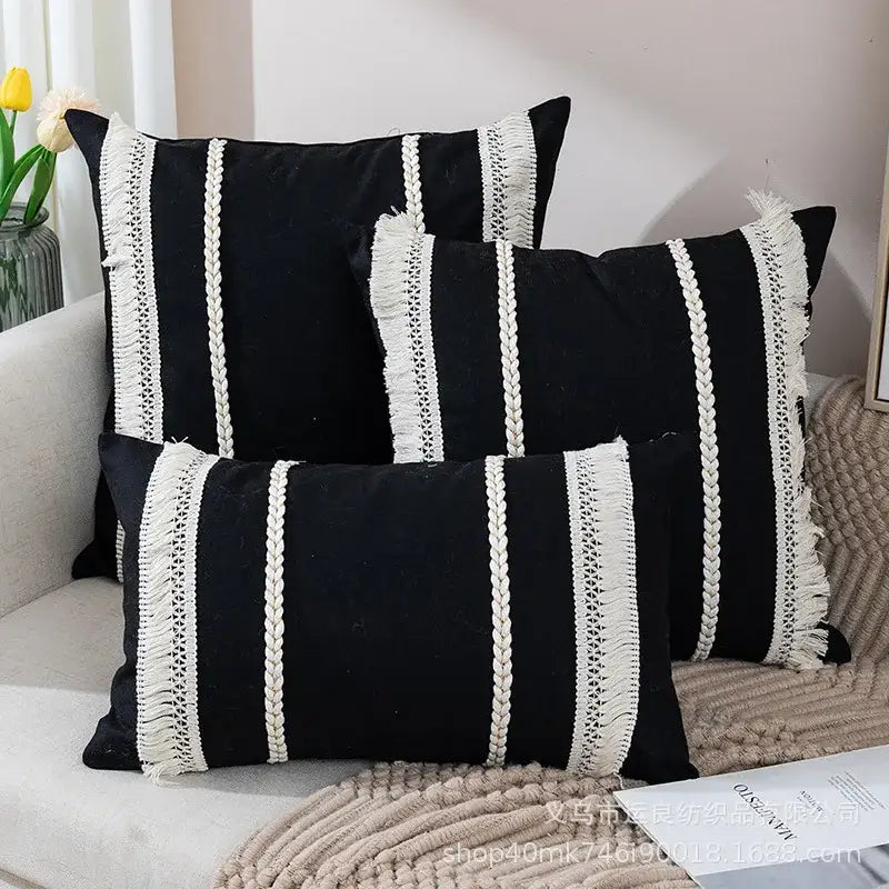 Bohemia tassel cushion cover black & white velvet living room pillow