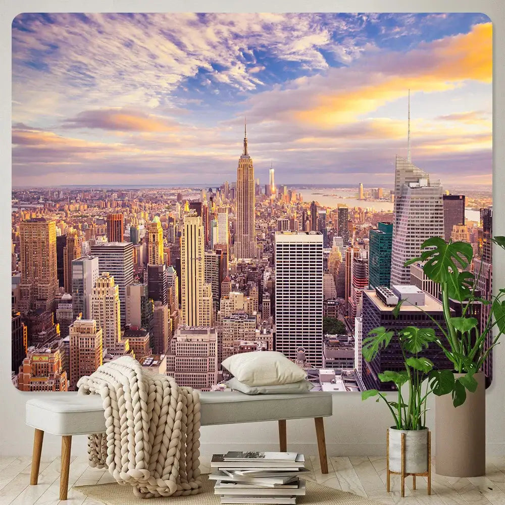 Bohemian art tapestry empire state cityscape living room blanket