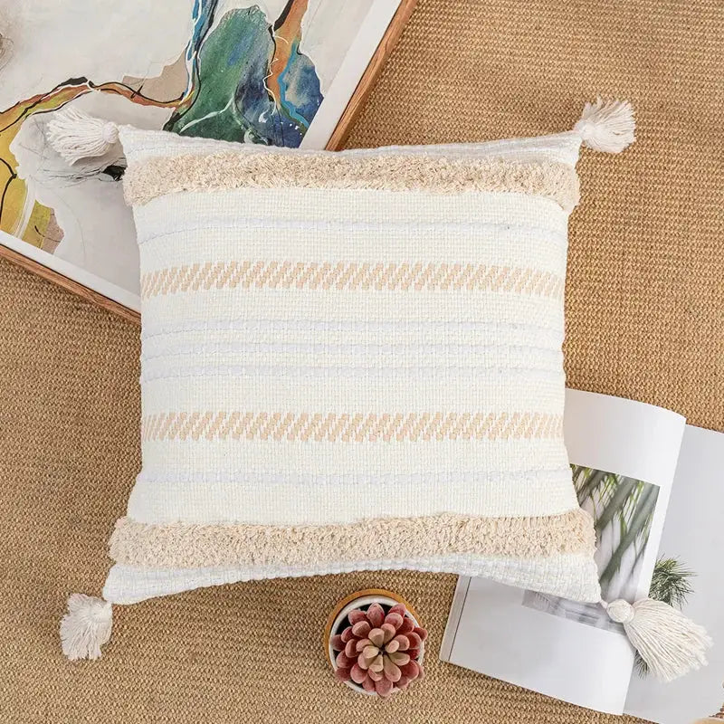 Bohemian beige cushion cover – living room tasseled throw pillow