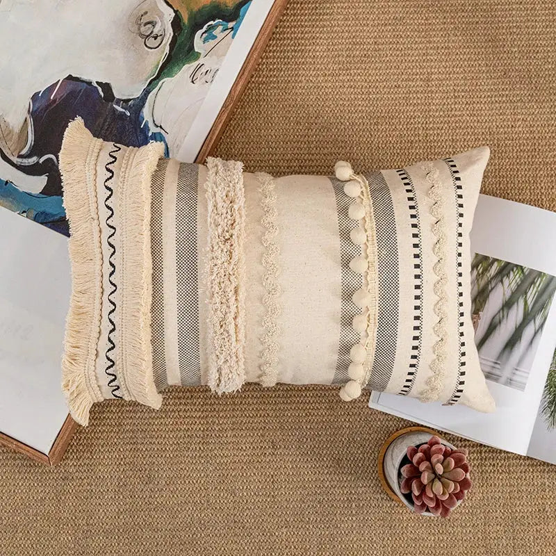 Bohemian beige cushion cover – living room tasseled throw pillow