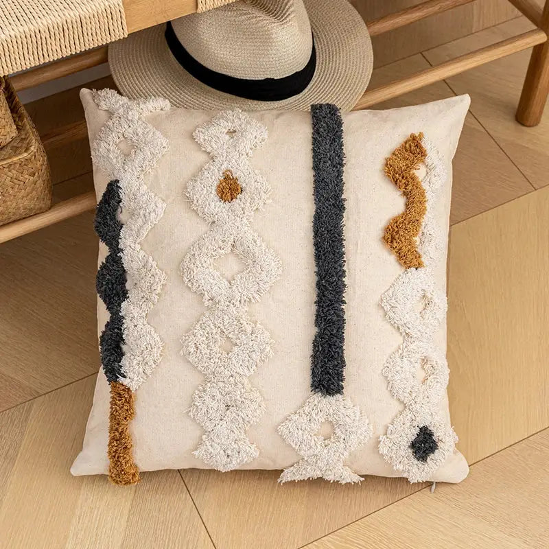 Bohemian beige striped cushion cover with tassels for living room