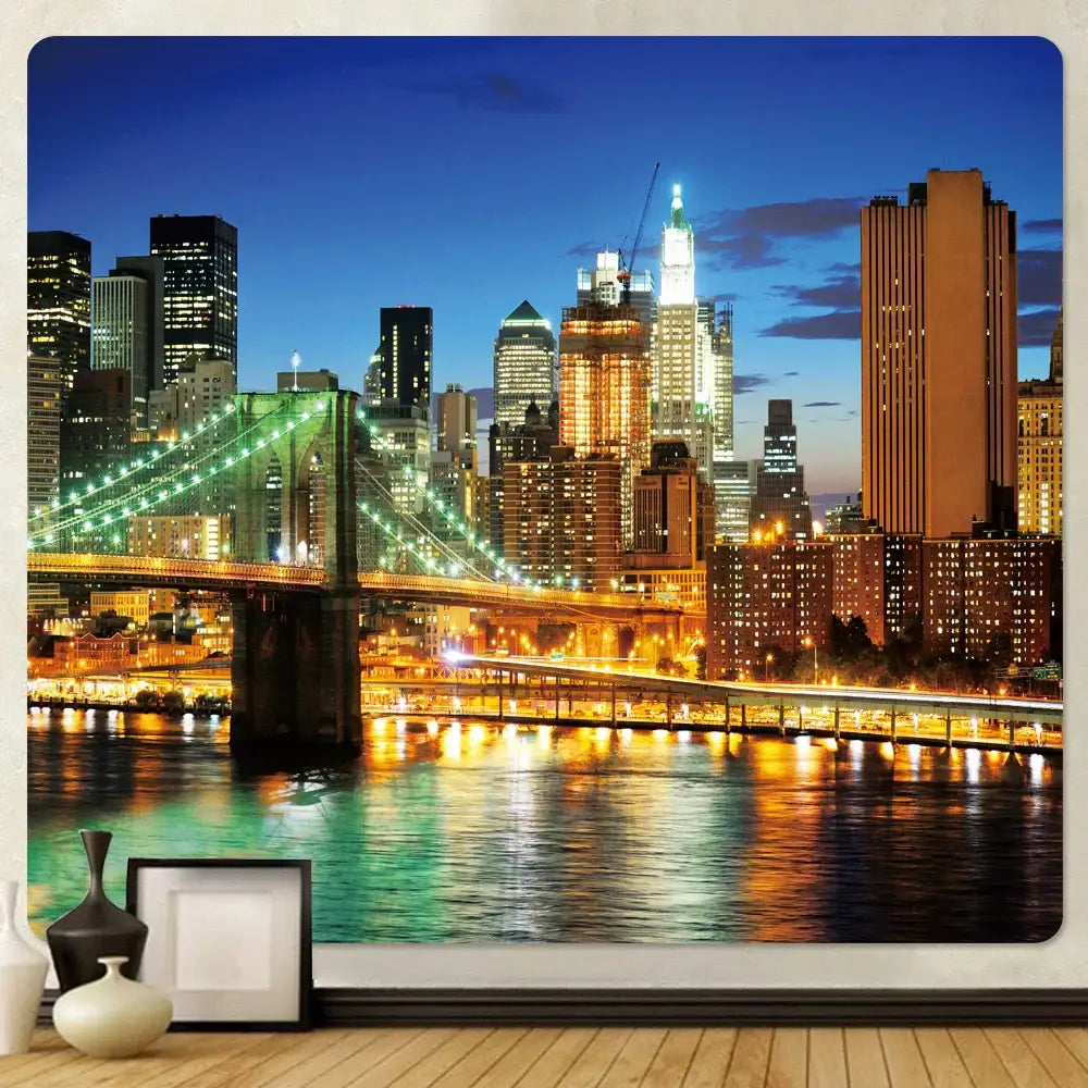 Bohemian city view tapestry brooklyn bridge wall hanging bedroom decor
