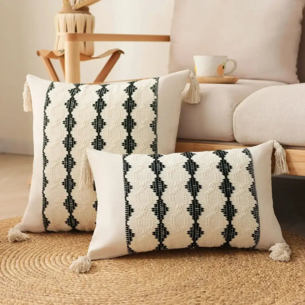 Bohemian cream & gray geometric tassel cushion cover living room