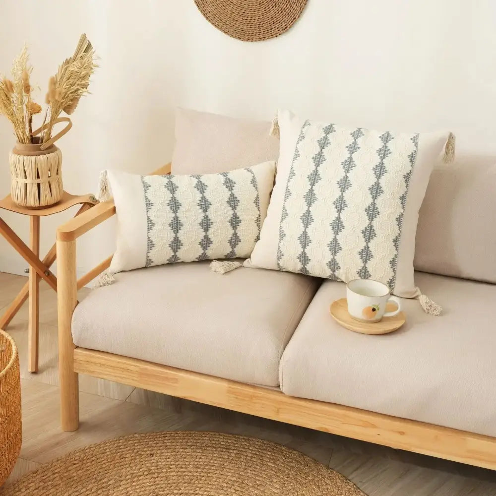Bohemian cream & gray geometric tassel cushion cover living room