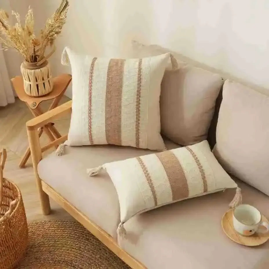 Bohemian cream & gray geometric tassel cushion cover living room