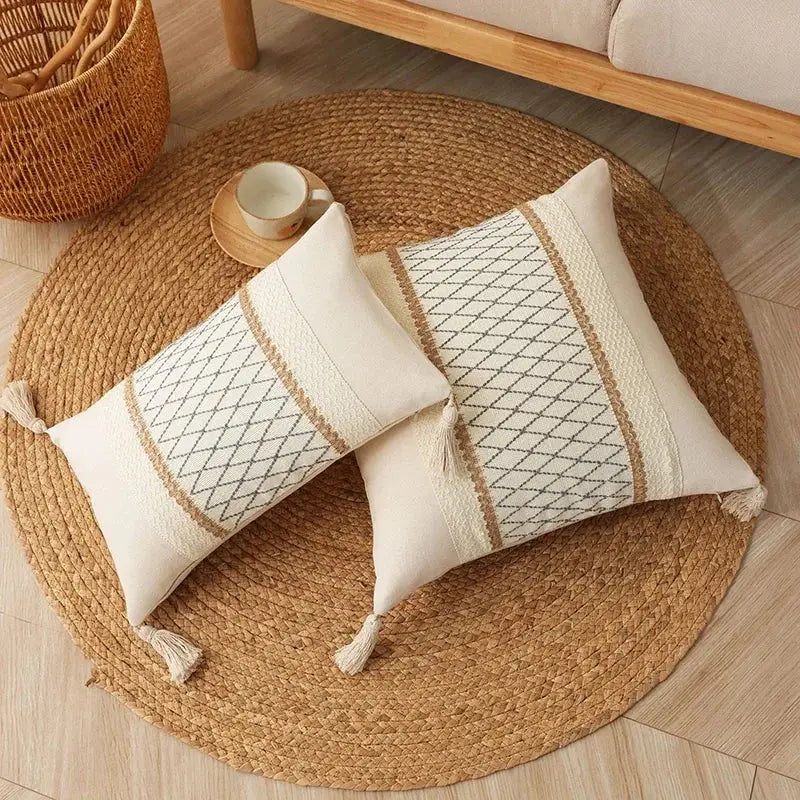 Bohemian cream & gray geometric tassel cushion cover living room