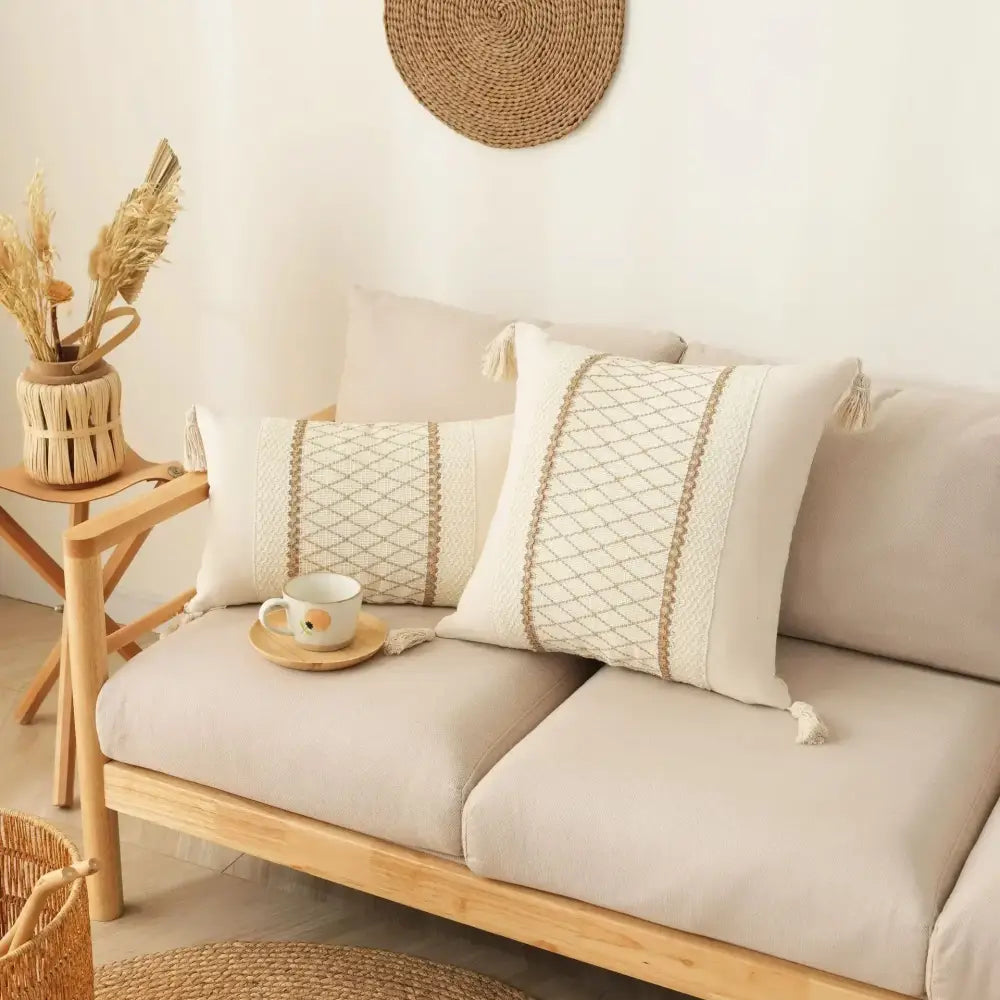 Bohemian cream & gray geometric tassel cushion cover living room