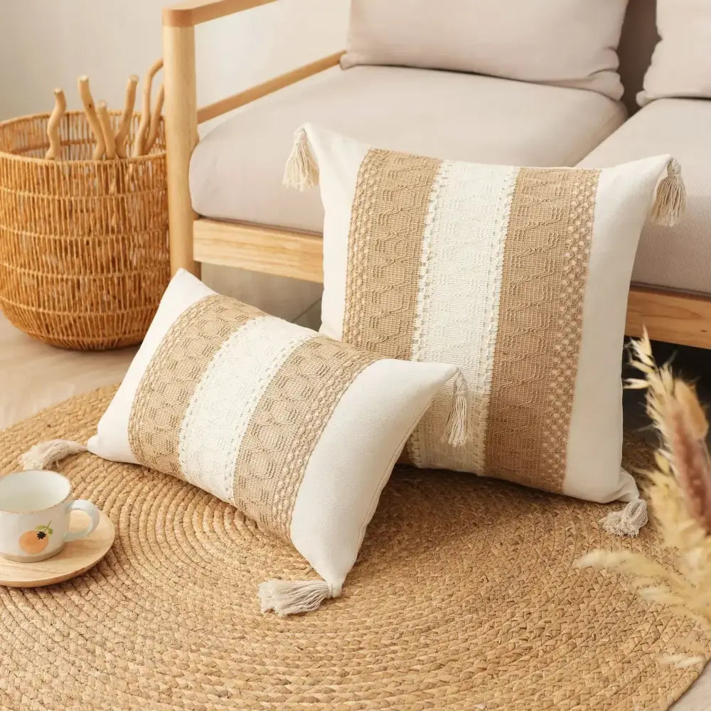 Bohemian cream & gray geometric tassel cushion cover living room