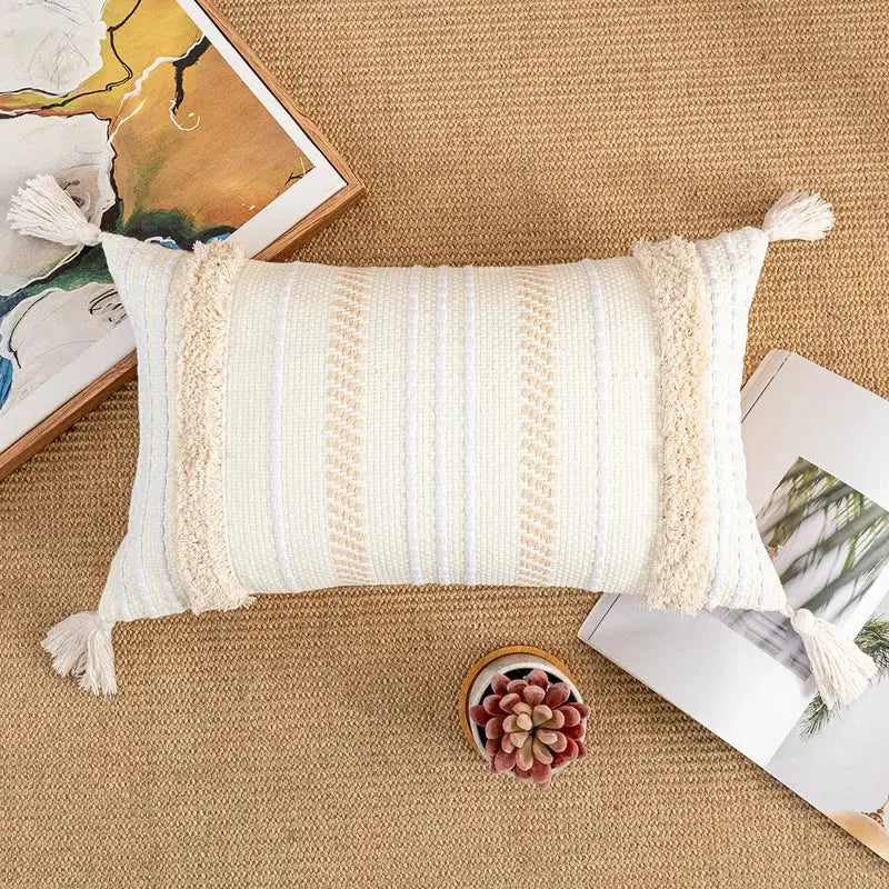 Bohemian cream & gray striped cotton cushion cover living room pom-pom