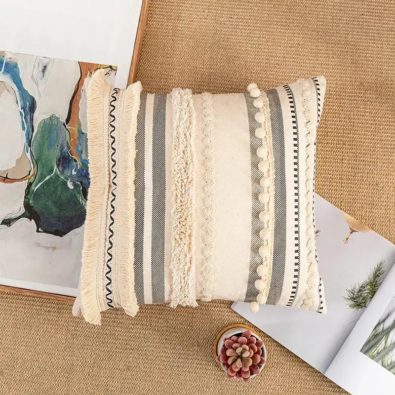 Bohemian cream & gray striped cotton cushion cover living room pom-pom